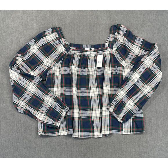 GAP Blouse Women L Navy Green Red Plaid Long Sleeve Peasant Top Holiday‎ Look - Picture 1 of 7